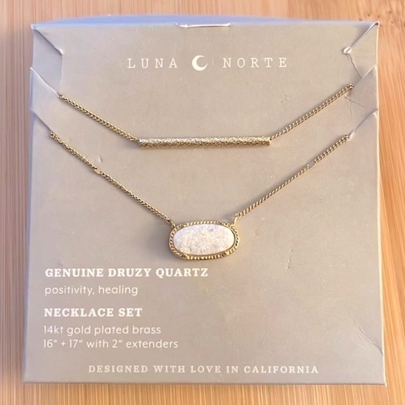 Brand New Luna Norte Genuine Druzy Quartz & Bar 14K Gold Plated Necklace Set - Picture 1 of 14